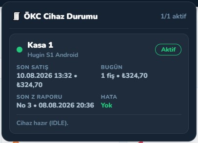 Yazar kasa durum kartı: cihaz bağlantısının anlık durumunu gösteren gösterge